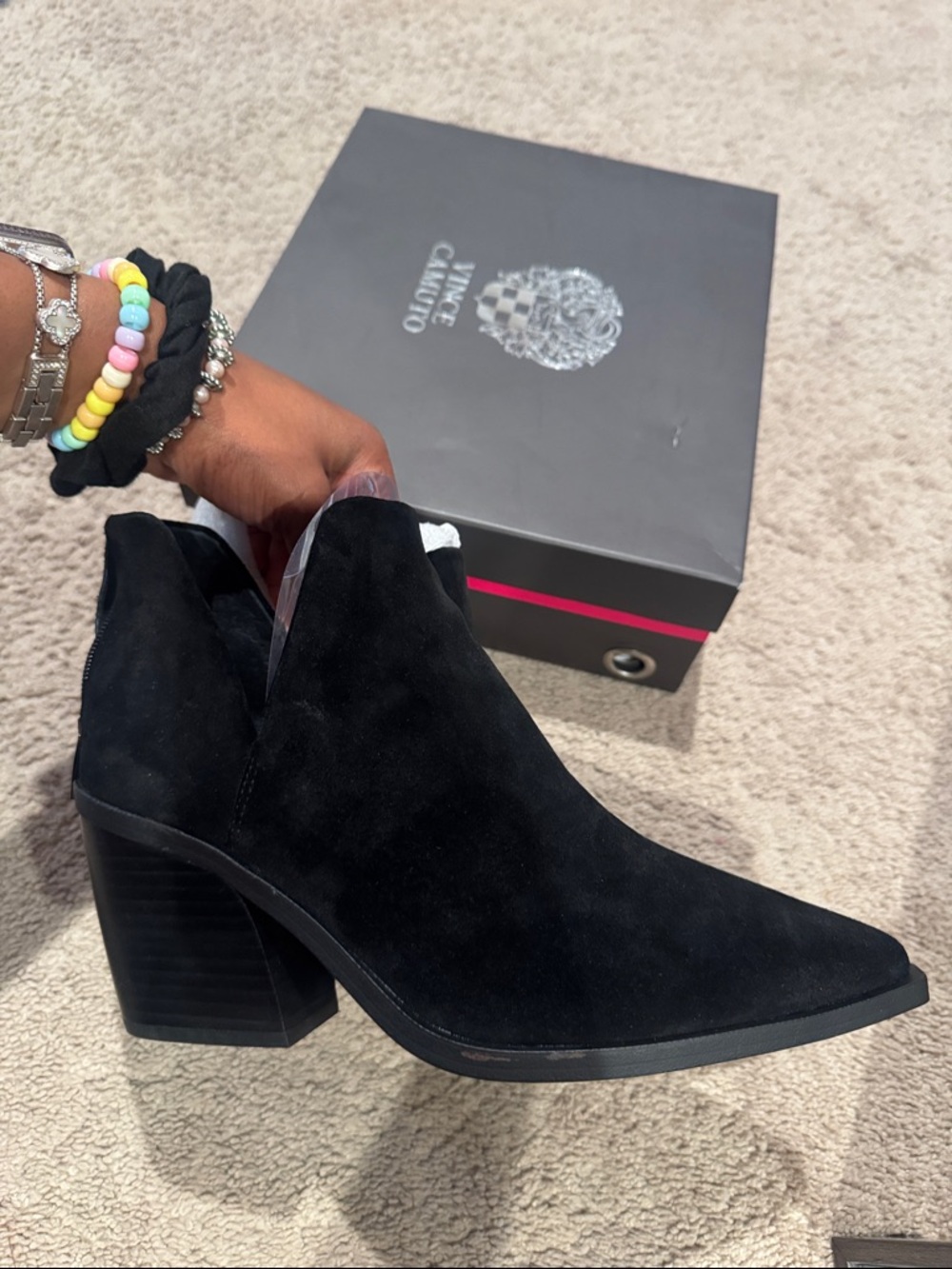 Vince Camuto Black Suede Pointed Ankle Boot with Block Heel